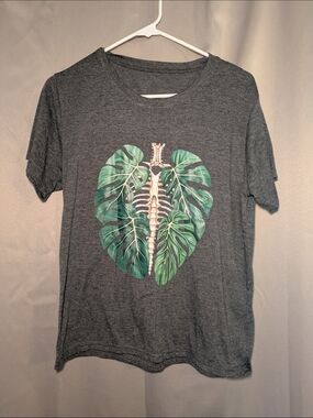 Gray Graphic Tee with Green Monstera Spine Design
